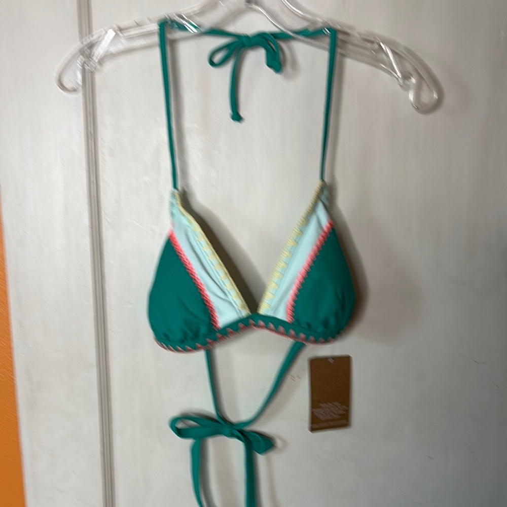 Hobie Teal Triangle Bikini Top with Colorful Embroidered Trim and Detail BN L